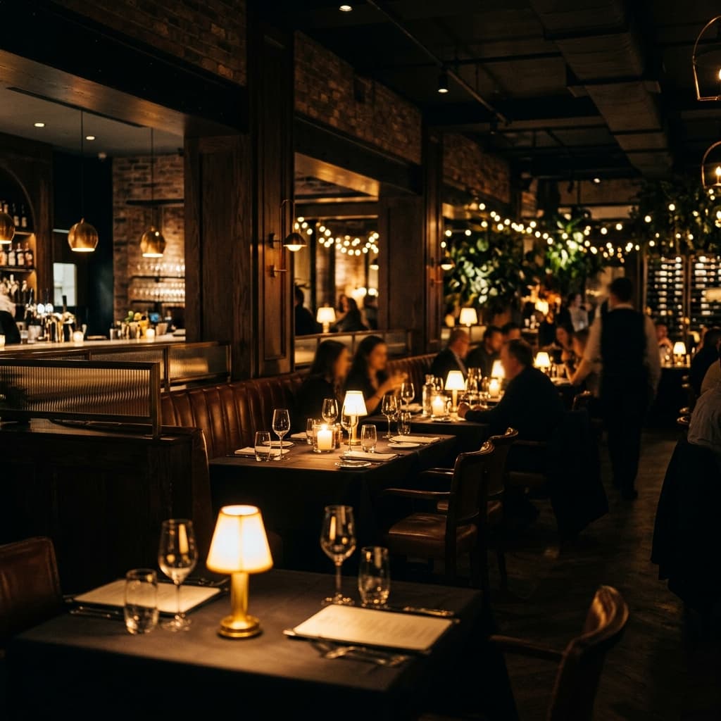 Cinematic dark restaurant kitchen atmosphere