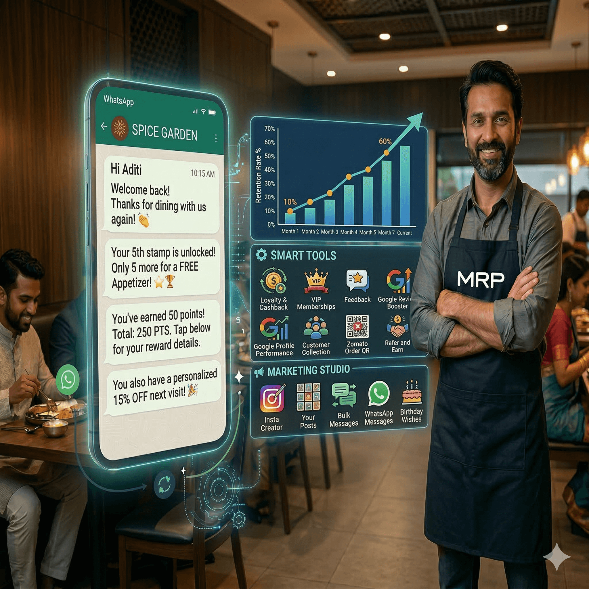 Restaurant owner with MRP Shop loyalty dashboard showing customer retention journey