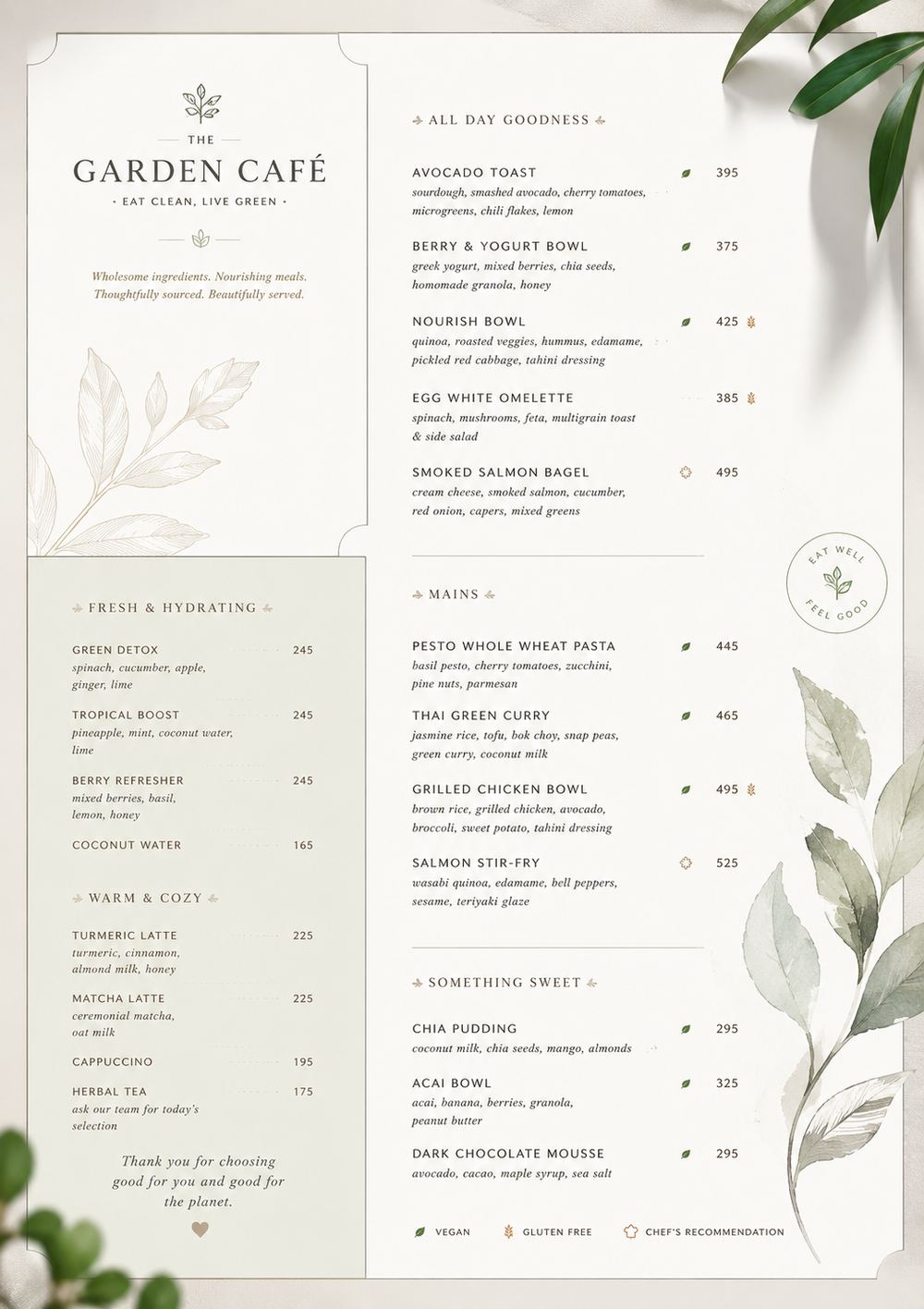 Garden cafe menu design: cream card with botanical line art, all-day food and mains on the right, and a tinted column of juices, lattes and teas on the left.
