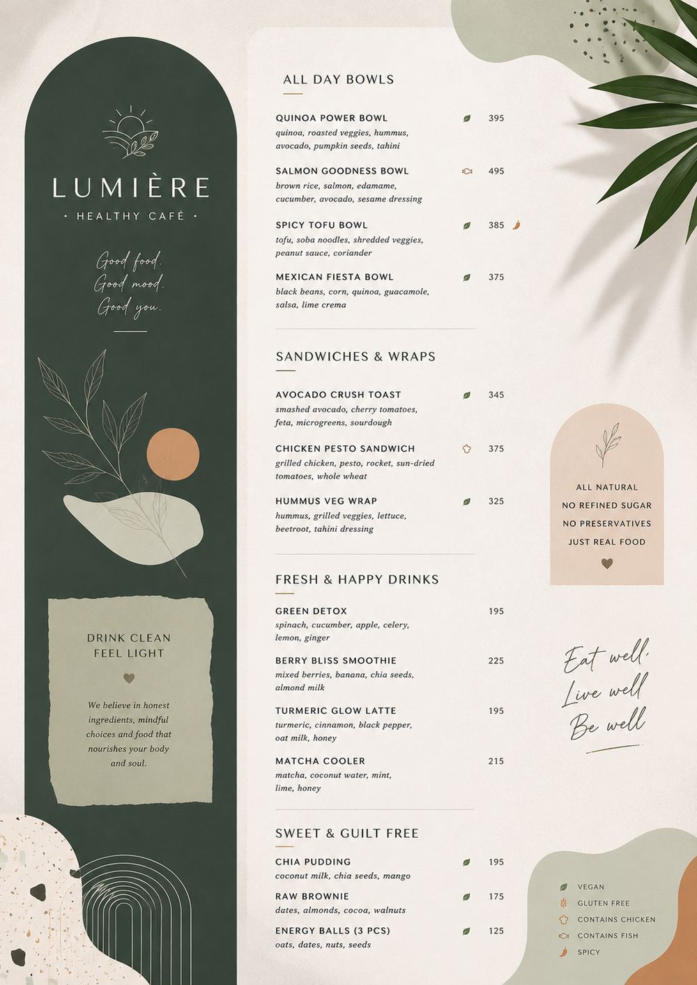 Healthy cafe menu design: deep green brand panel down the left with the Lumiere logo, bowls, wraps and drinks listed on cream on the right, with vegan and spicy icons.