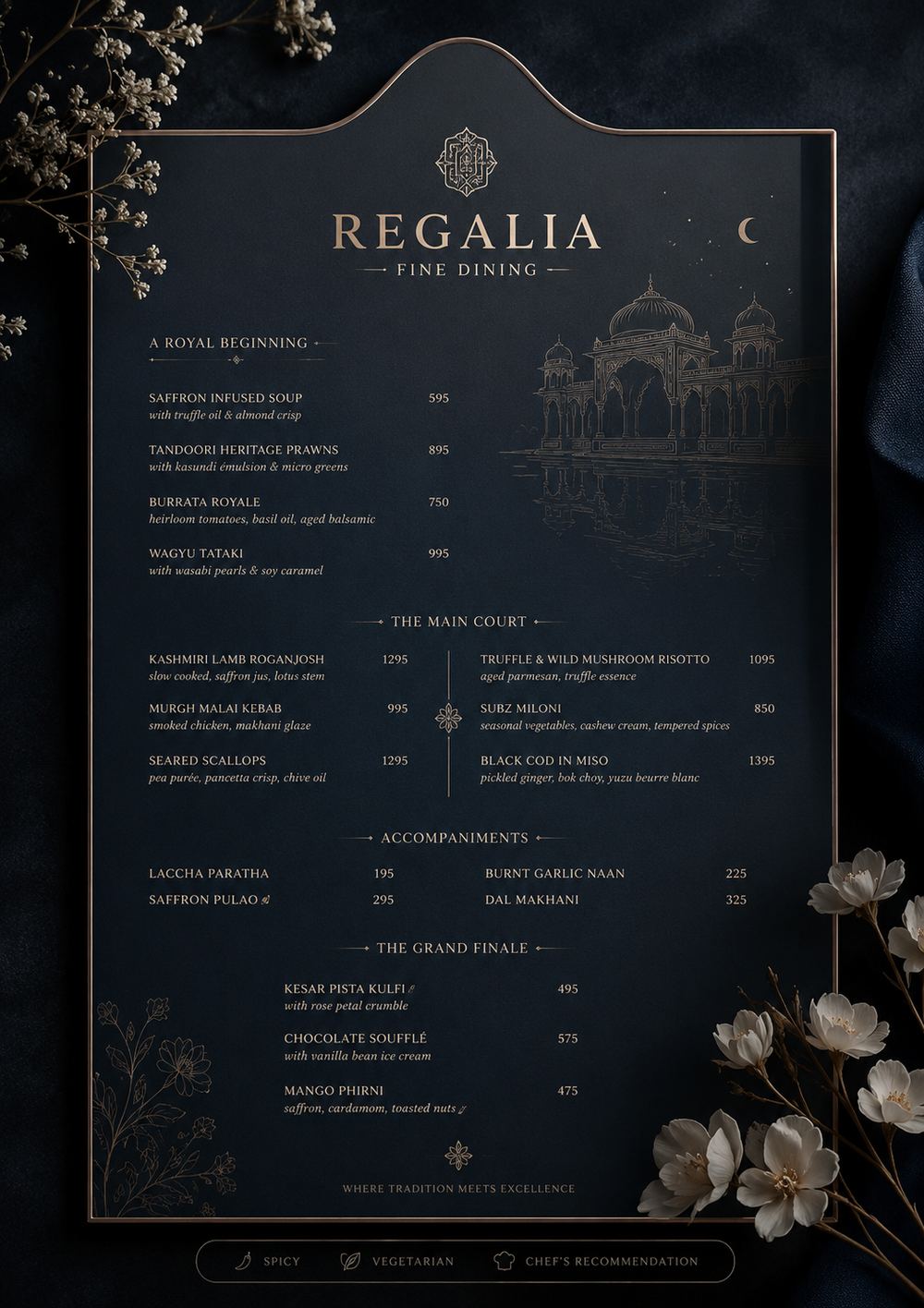 Fine dining menu design: dark navy card with copper foil lettering, a palace line illustration, and courses titled A Royal Beginning, The Main Court and The Grand Finale.