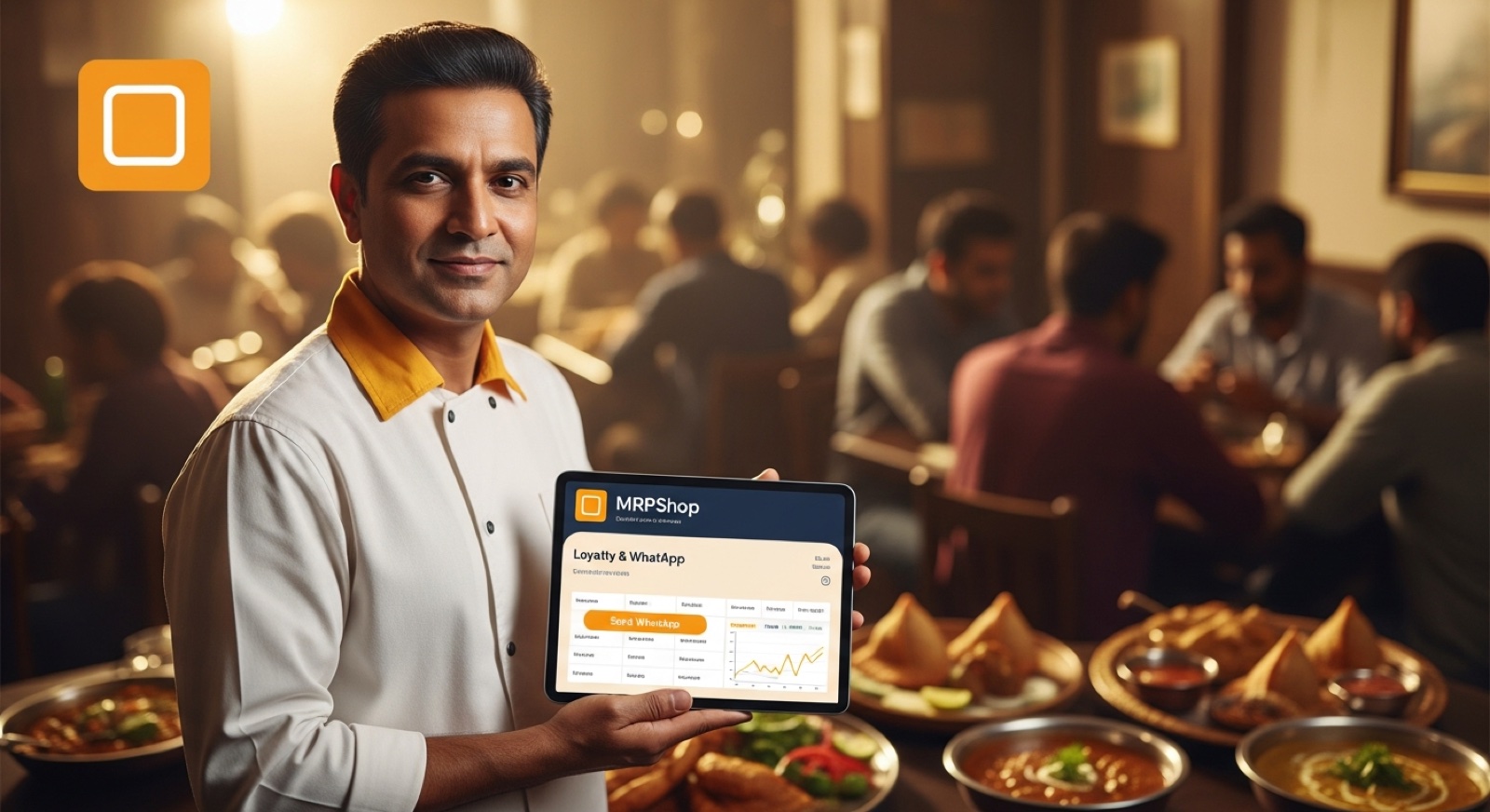 Confident Indian restaurant owner in his dukaan with a tablet showing a marketing dashboard