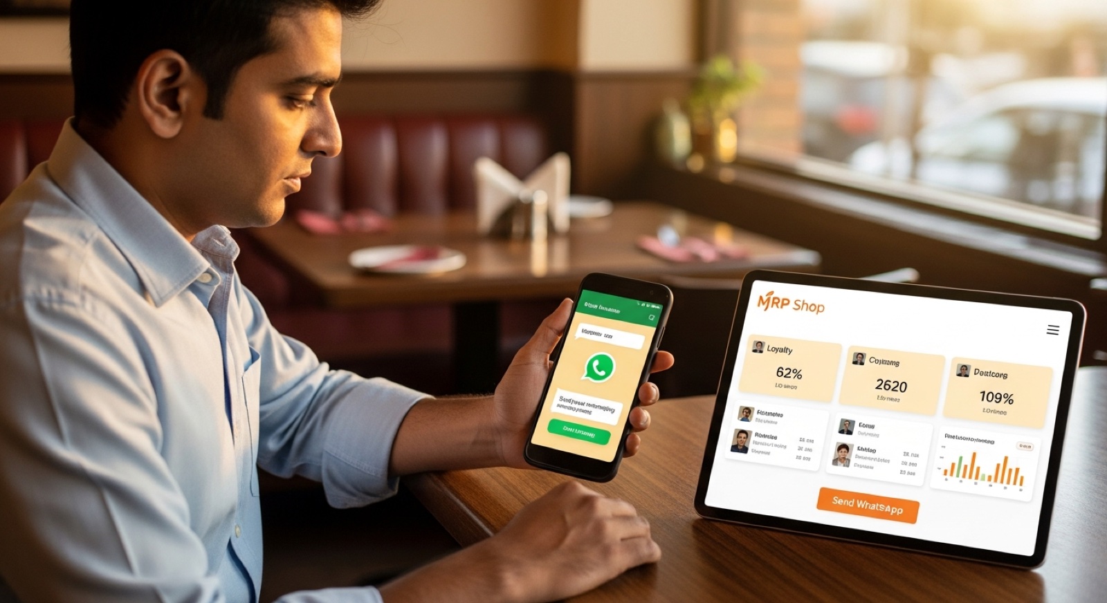 Indian restaurant owner composing a WhatsApp Business message on his phone with a tablet dashboard nearby