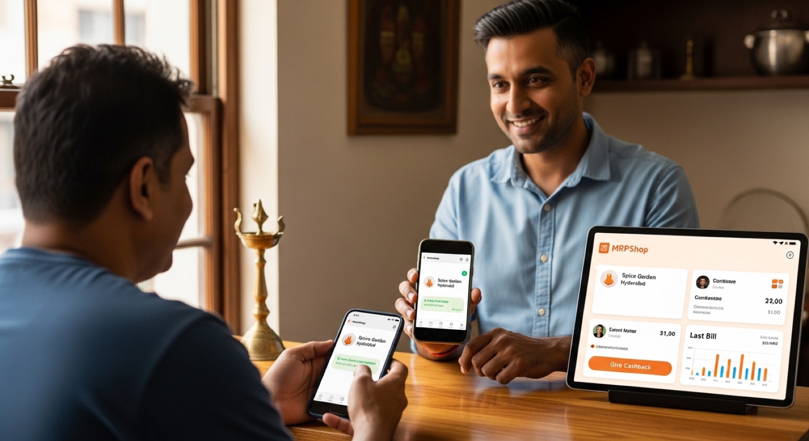 Indian restaurant owner handing a customer a WhatsApp invoice from his billing counter