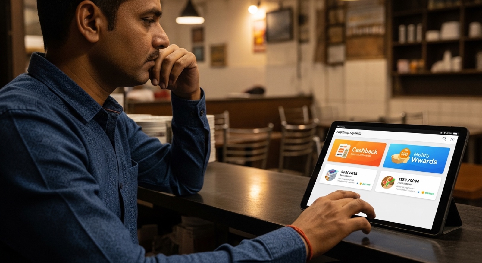 Indian restaurant owner studying loyalty program options on a tablet with cashback tiles visible