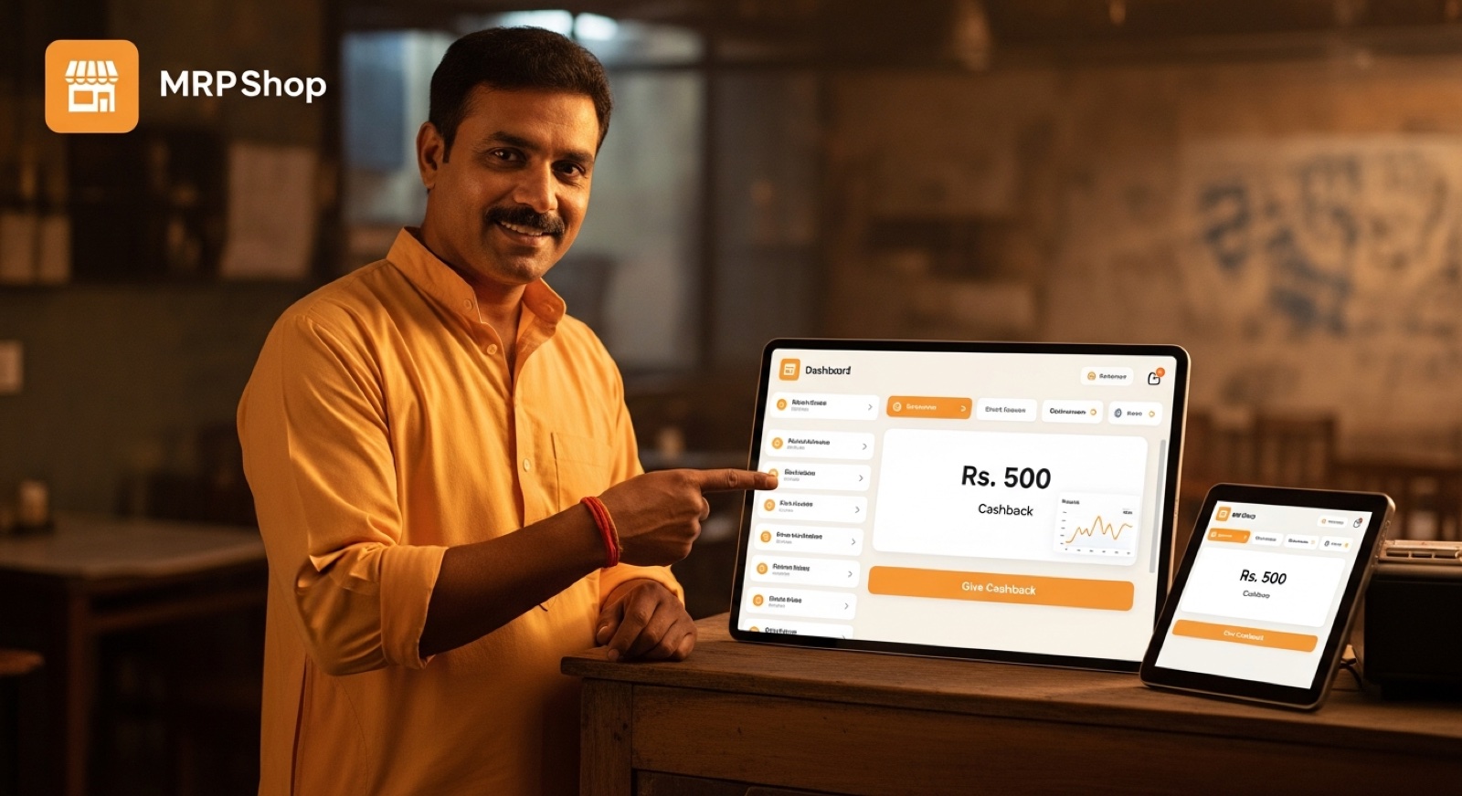 Indian restaurant owner pointing to a prominent cashback tile on a loyalty dashboard tablet