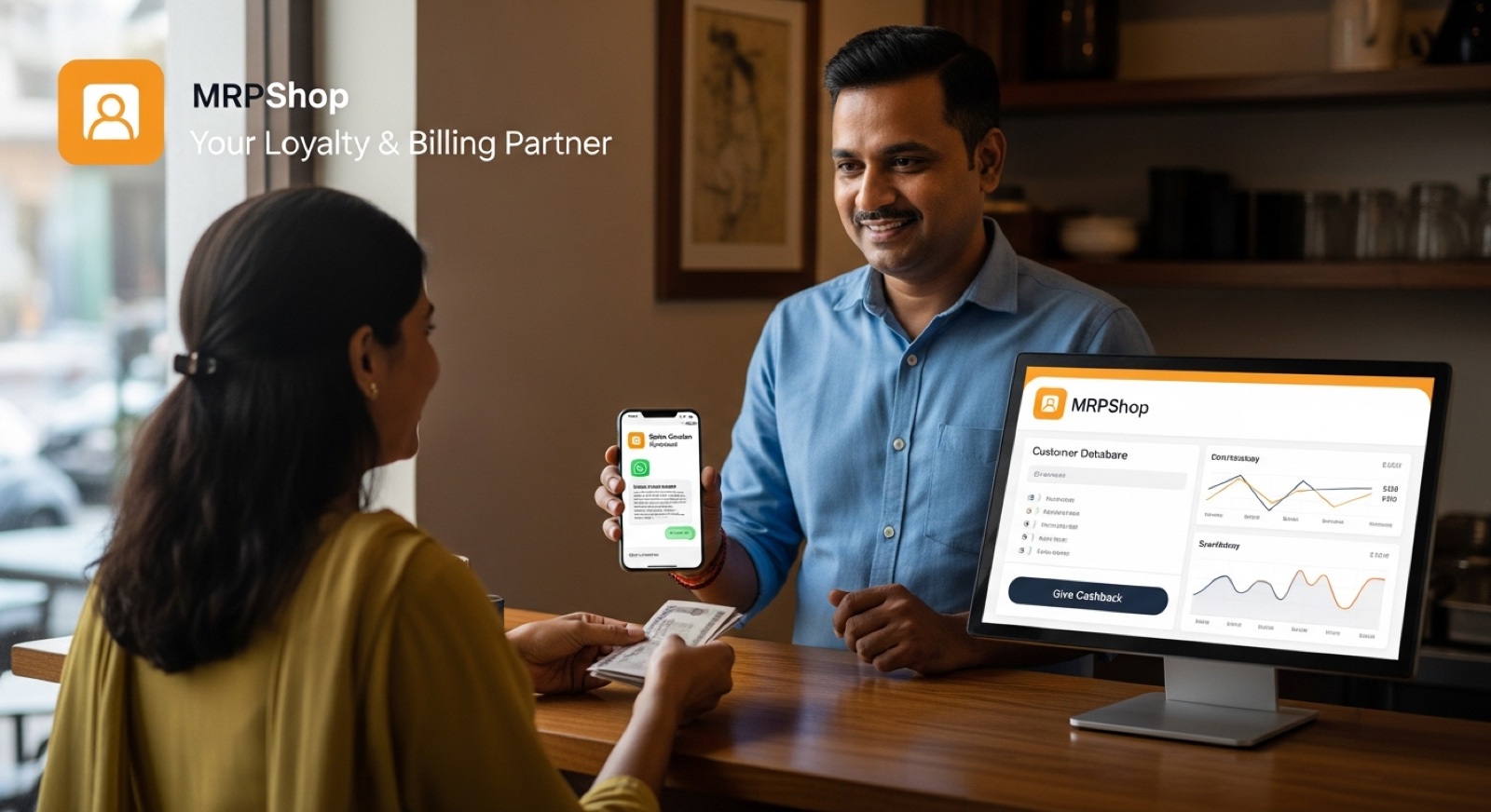 Indian restaurant owner politely collecting a customer phone number on a tablet at the billing counter
