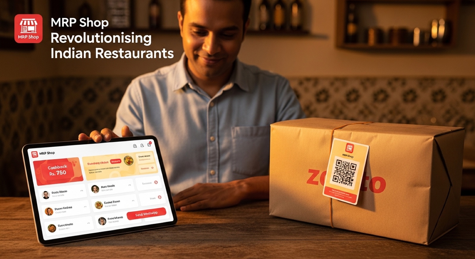 Indian restaurant owner next to a Zomato-style delivery package with a branded QR flyer on the counter