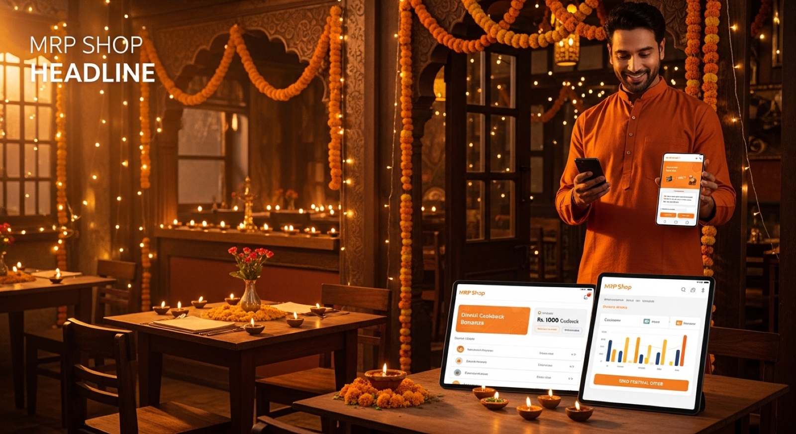 Indian restaurant decorated for Diwali with diyas and marigolds, owner standing proudly at the entrance