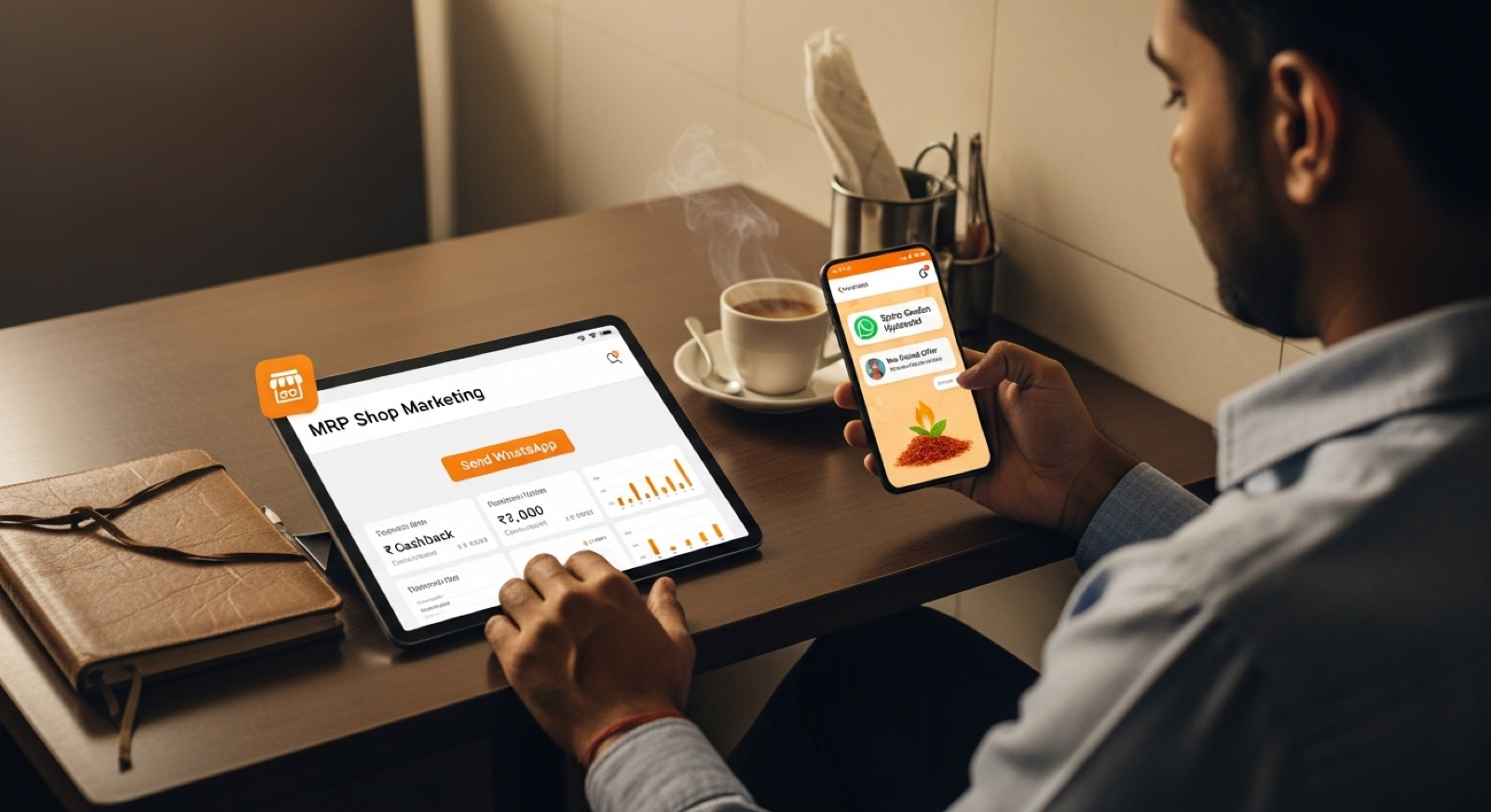 Indian restaurant owner reviewing a WhatsApp marketing dashboard on a tablet at a corner table