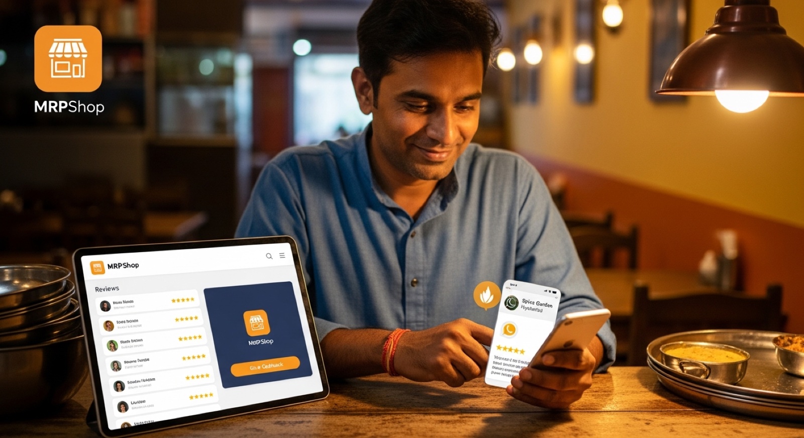 Indian restaurant owner smiling as he reads a five-star Google review on his phone at the counter