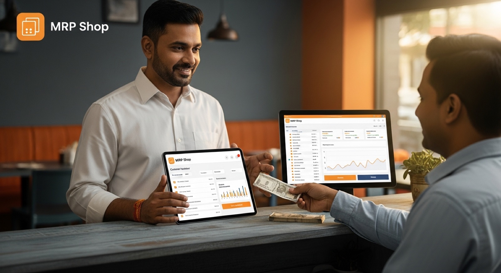 Indian restaurant owner capturing a customer phone number on a tablet showing a customer database