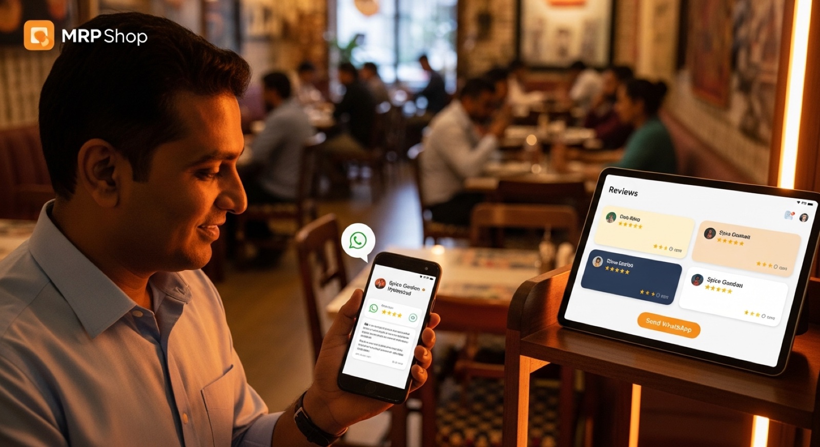 Indian restaurant owner smiling while reading a five-star Google review on his phone