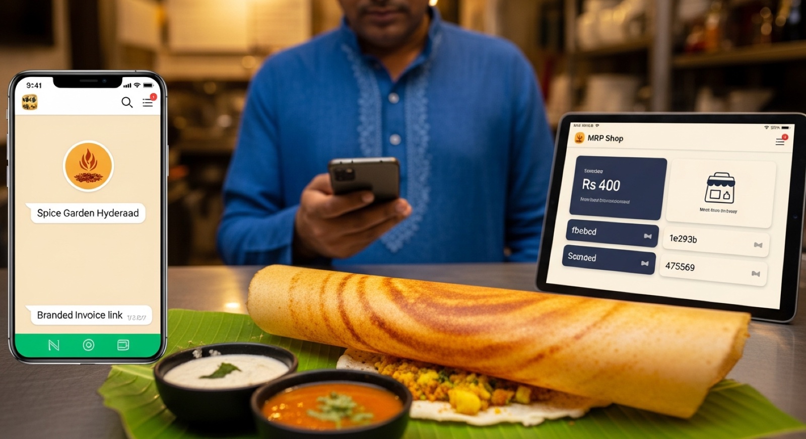 South Indian dosa restaurant in Koramangala with a fresh masala dosa in the foreground and the owner behind the counter