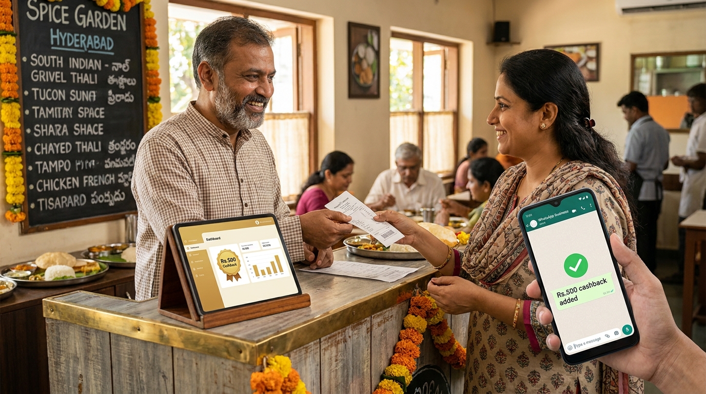Indian restaurant owner handing a bill to a smiling customer with a loyalty dashboard on a tablet