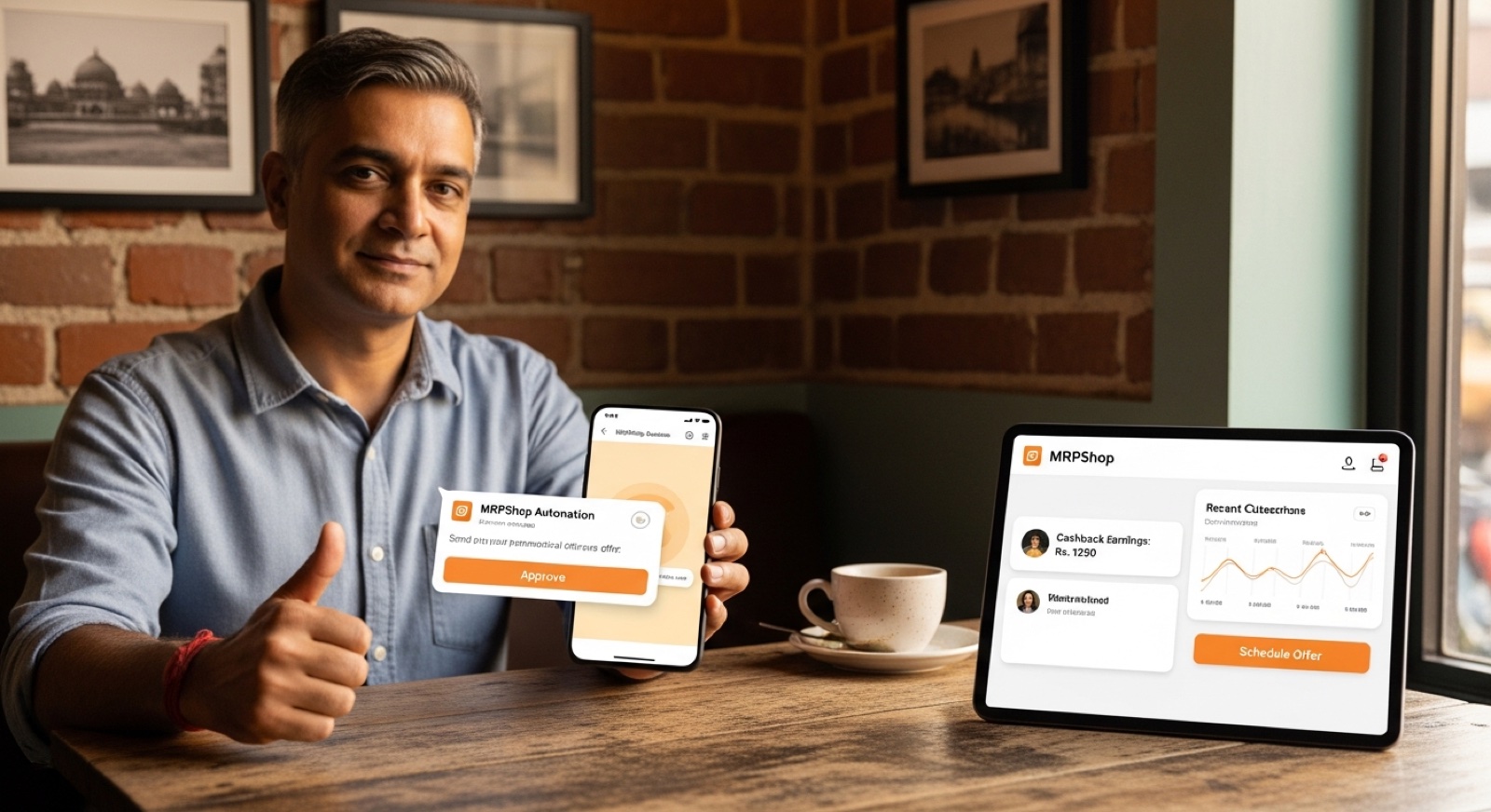 Relaxed Indian restaurant owner at a corner table with a cup of chai approving a WhatsApp automation on his phone
