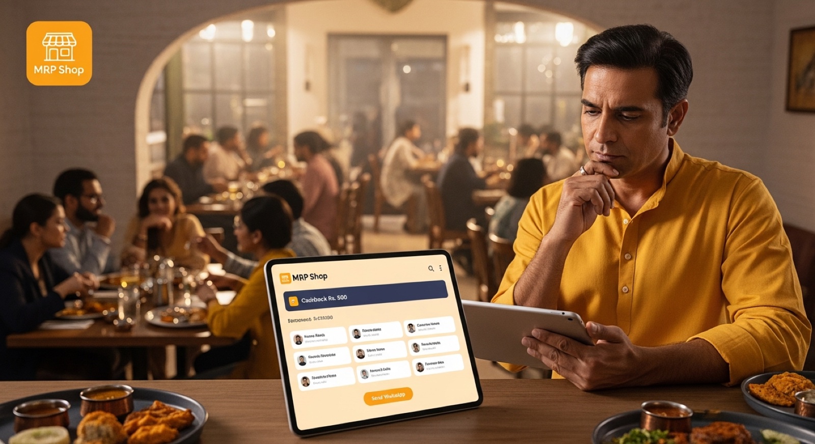 Indian restaurant owner reviewing the MRP Shop dashboard on a tablet with a thoughtful expression