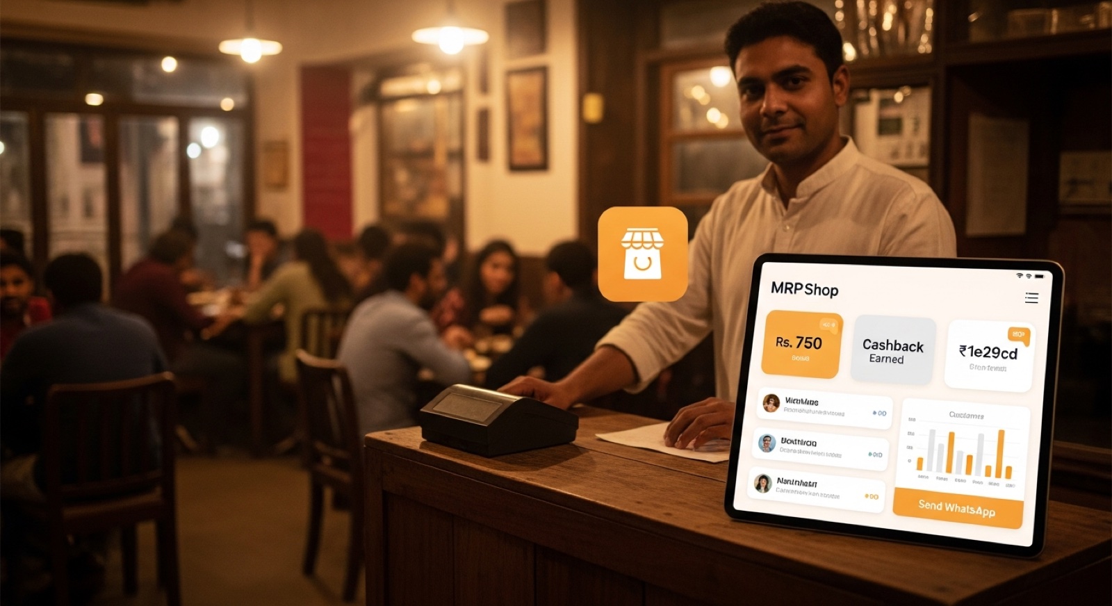 Indian restaurant owner at his billing counter during evening service with a full dining room in the background