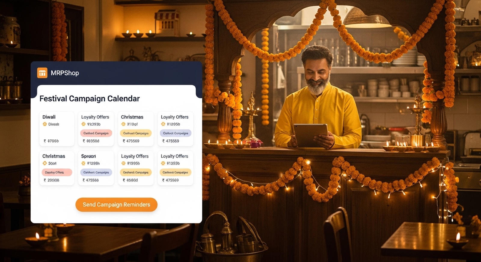 Indian restaurant decorated with festival lights and diyas, owner at the counter with a campaign calendar dashboard
