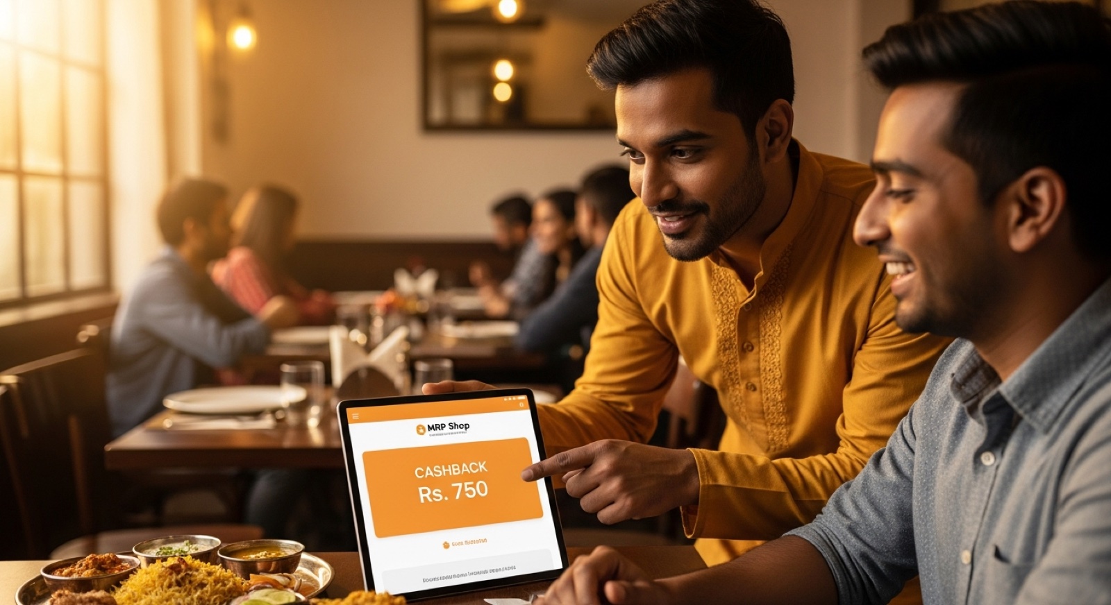 Indian restaurant owner proudly showing a happy customer the loyalty dashboard on a tablet