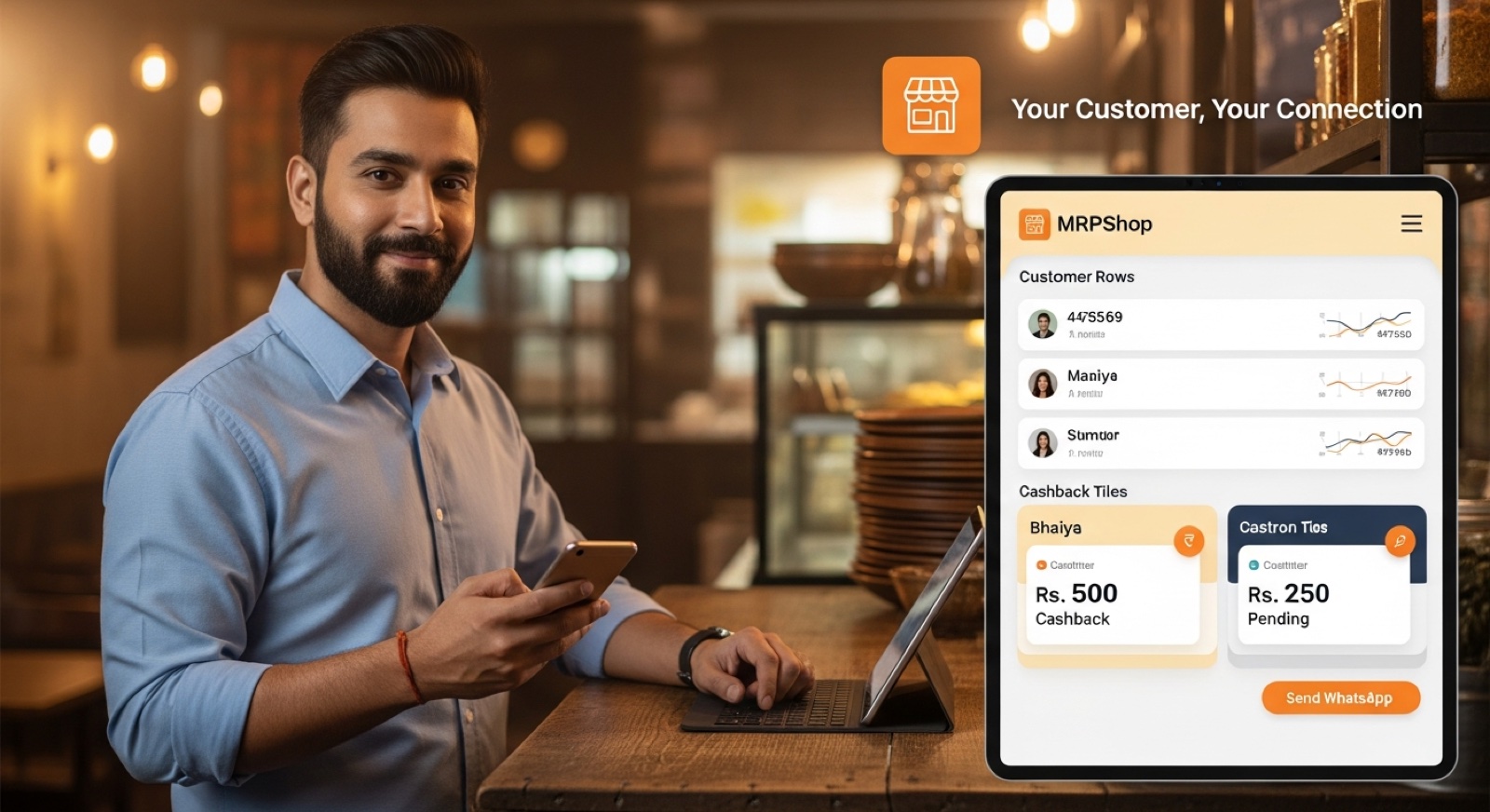 Indian restaurant owner at his billing counter with a tablet showing a CRM dashboard